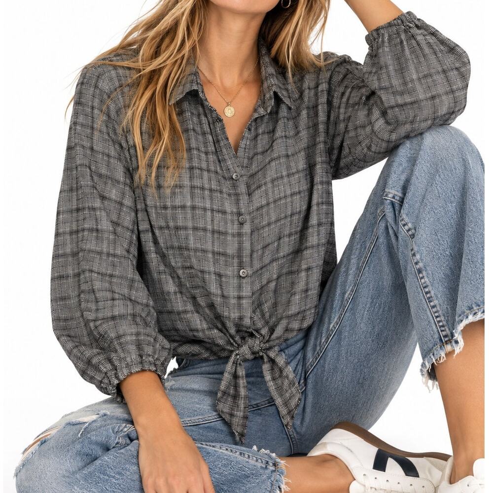 NWOT American Eagle Tie-Front Shirt Gray Plaid Size M